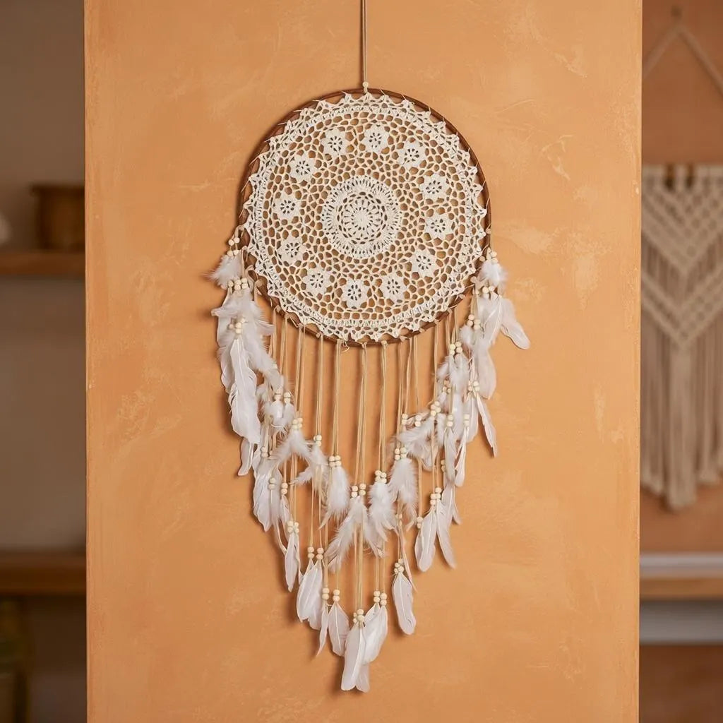 Large Boho Dreamcatcher with Feathers | Crochet Lace Hanging | Bohemian Bedroom Gift for Her
