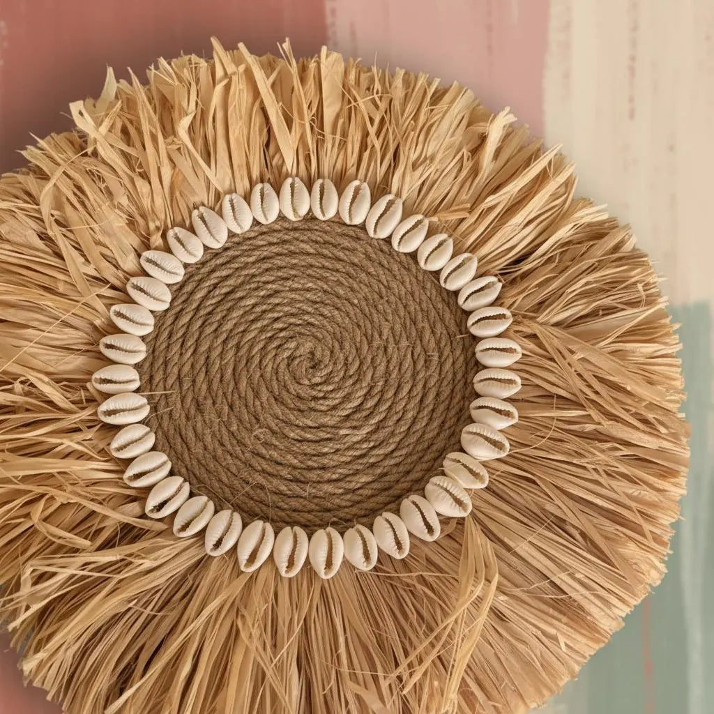 Handmade Raffia Hanging with Cowrie Shells | Boho round Straw Art | Beach House Gift