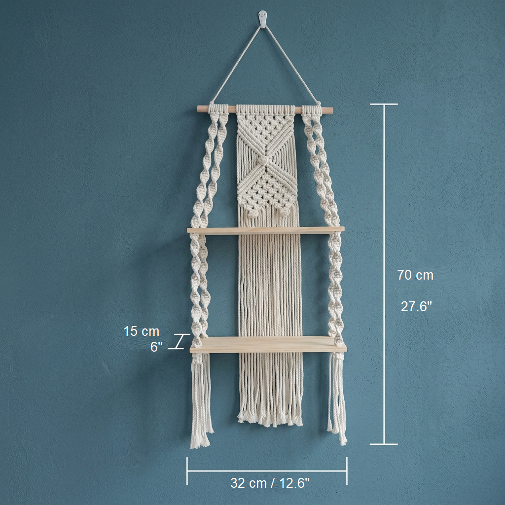 Macrame wall shelf dimensions 32x70 cm showing two floating wooden shelf boards size reference