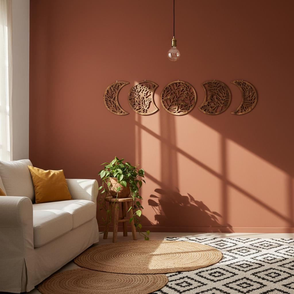 Moon Phase Wall Art Set of 5 Wooden Boho Celestial Home Ornament Crescent Decor