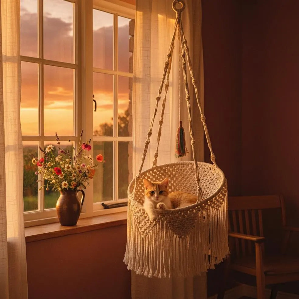 Macrame Cat Bed Hanging Hammock, Boho Cat Nest Cotton Basket, Fringe Pet Swing Gift
