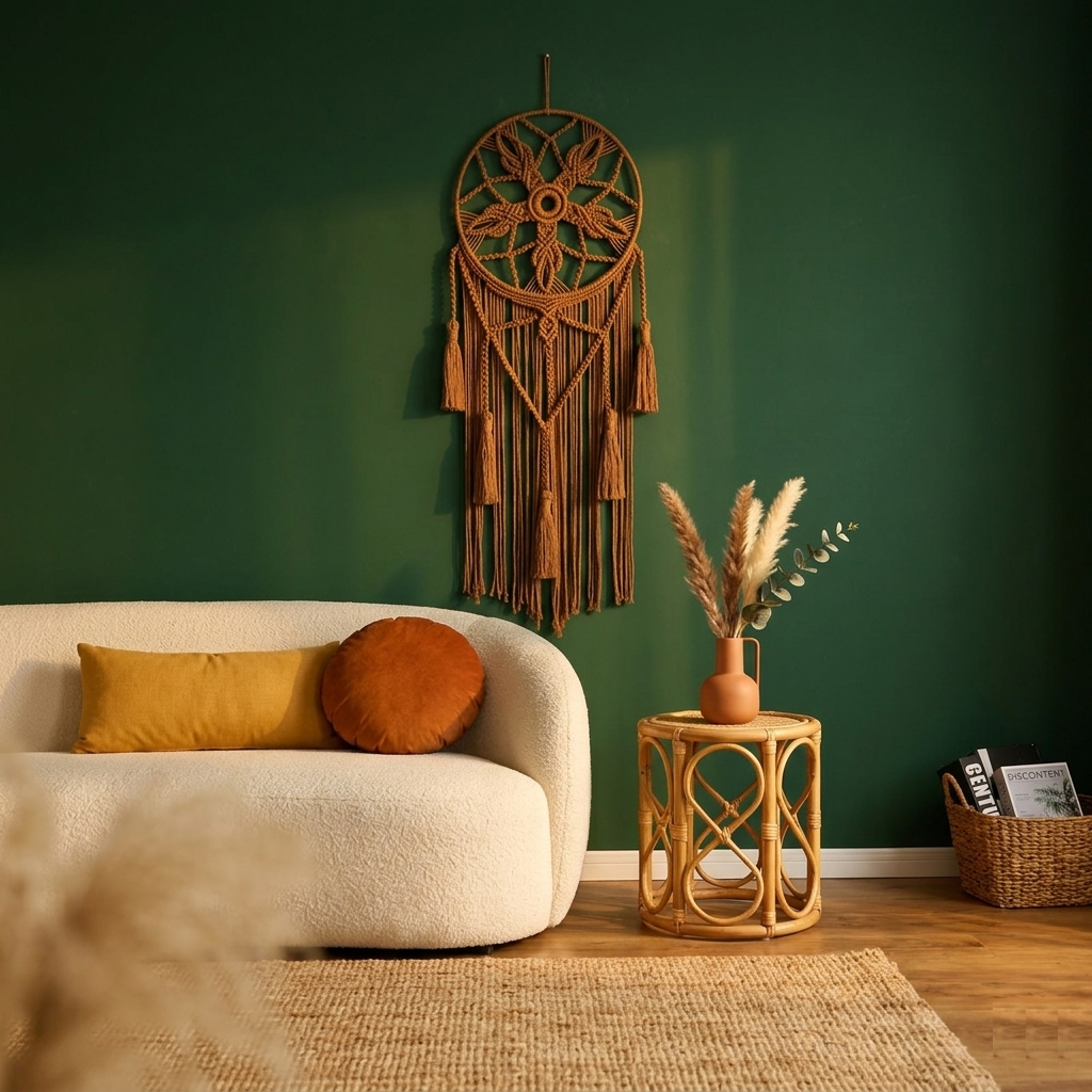 Brown macrame dreamcatcher with cotton tassels on forest green wall above cream sofa boho living room — Bohoartis