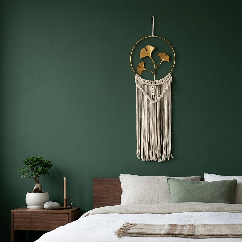 Gold ginkgo leaf macrame wall hanging on deep green wall above low walnut bed in Japandi bedroom — Bohoartis