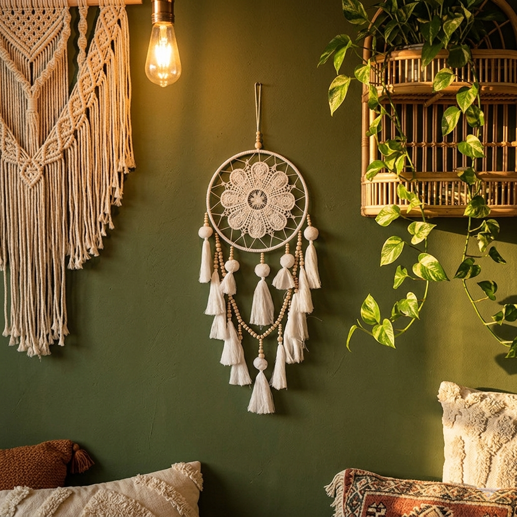 White boho dream catcher with wooden beads and cotton tassels on olive green wall — boho living room decor