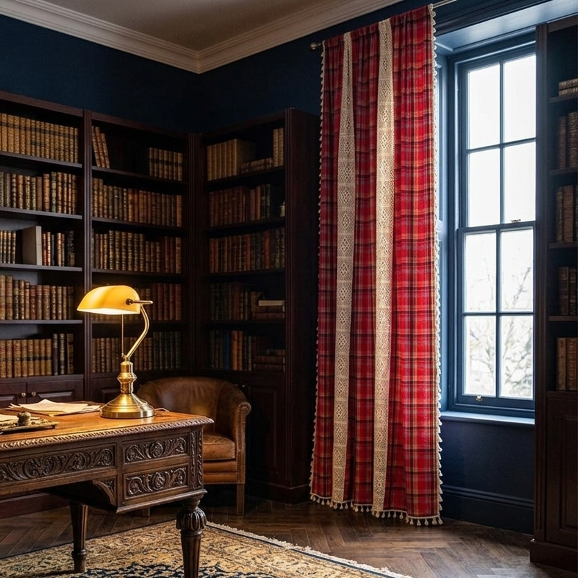 Red tartan plaid crochet curtain in a dark navy British home library with mahogany bookshelves and brass banker lamp