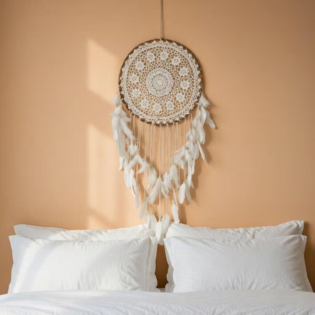 Large Boho Dreamcatcher with Feathers | Crochet Lace Hanging | Bohemian Bedroom Gift for Her