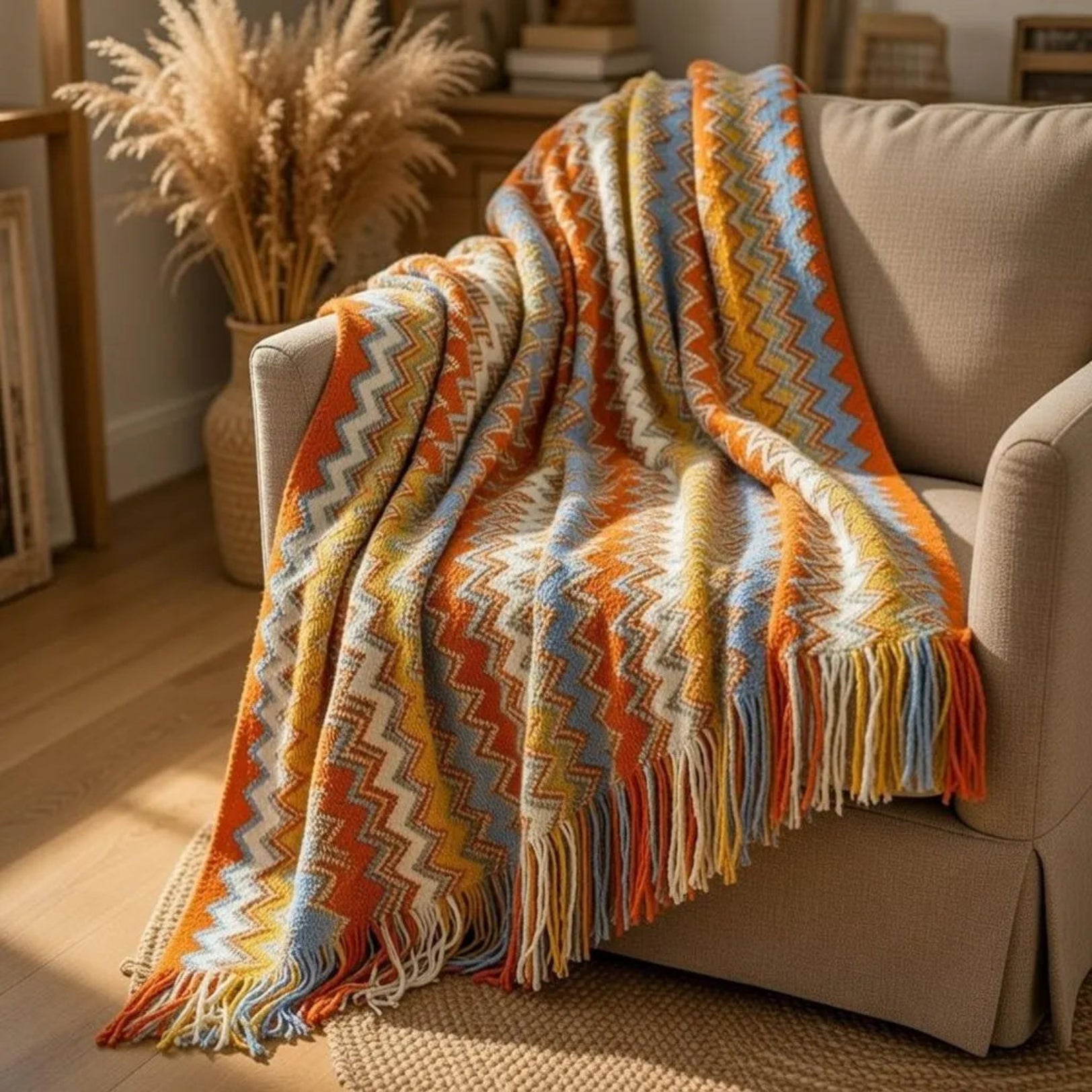 Orange striped boho blanket on beige armchair with pampas grass decor