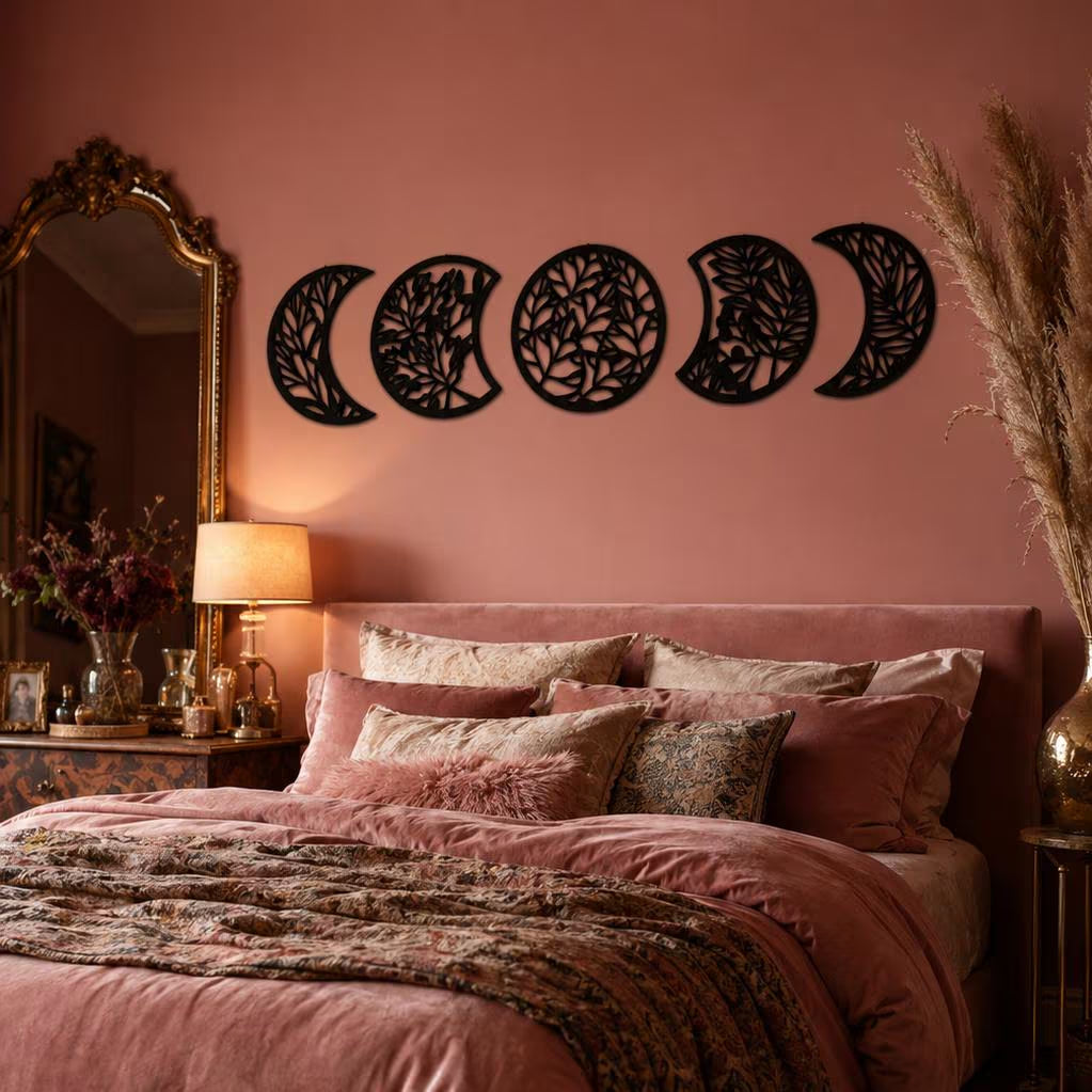 Moon Phase Wall Art Set of 5 Wooden Boho Celestial Home Ornament Crescent Decor