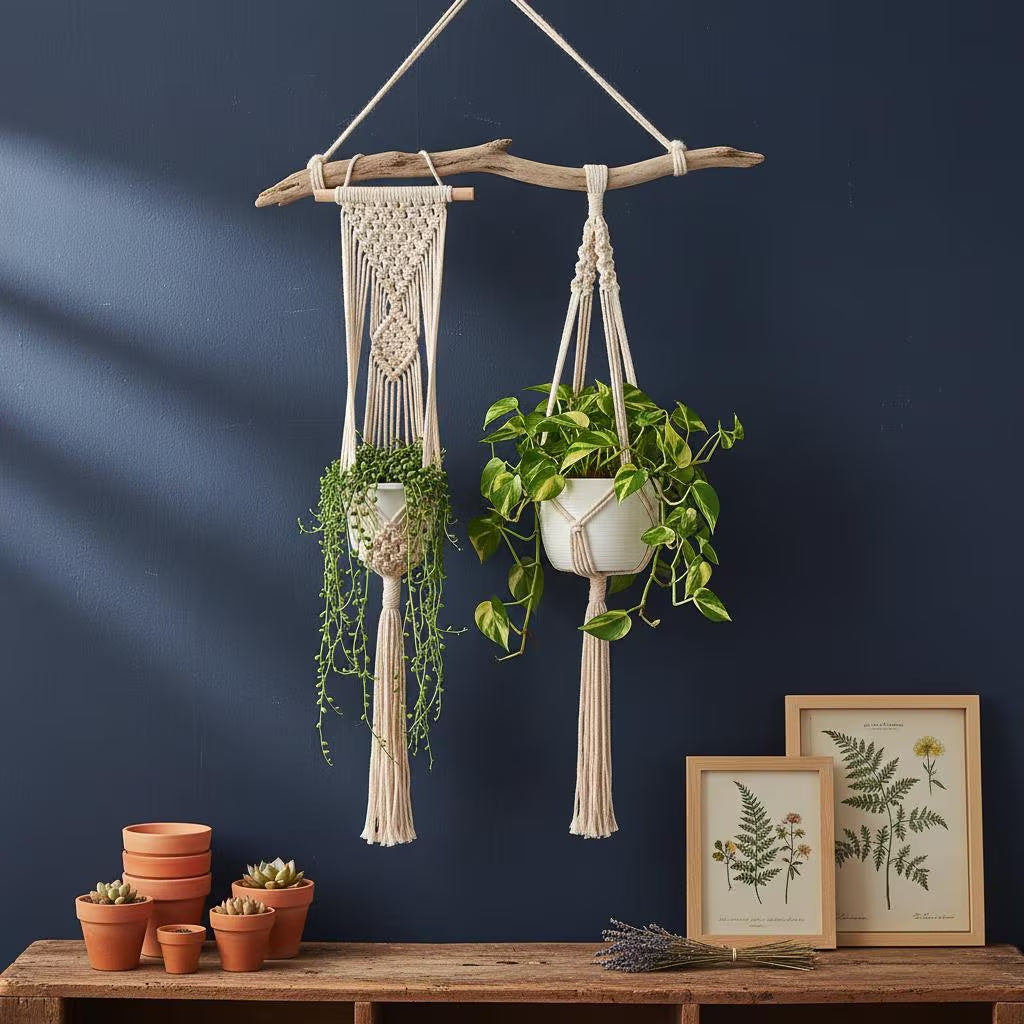 Macrame Wall Hanger | Boho Hanging Planter | Cotton Rope Decor | Bohemian Plant Gift