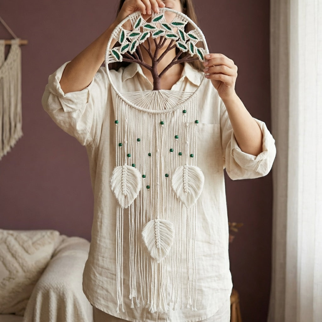 Woman holding large boho macrame wall hanging with white leaf tassels, tree of life cotton rope gift idea