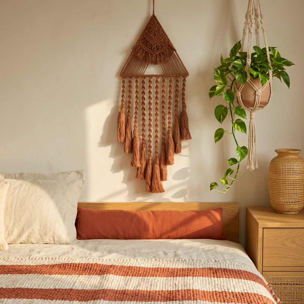 Brown triangle macrame dreamcatcher above boho bedroom bed with terracotta bedding — cotton wall hanging with knotted tassels