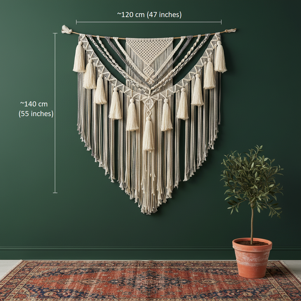 Macrame wall hanging size guide — 120x140 cm large boho tapestry dimensions, cotton wall art by Bohoartis