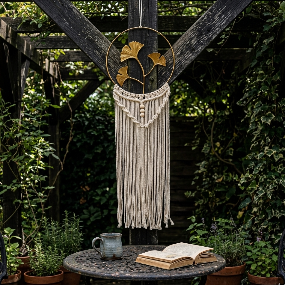Ginkgo leaf gold hoop macrame wall hanging from dark pergola beam in boho outdoor patio with greenery — Bohoartis