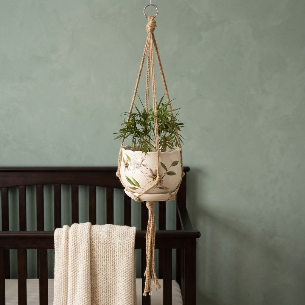 Jute plant hanger with floral pot in a soft sage green nursery