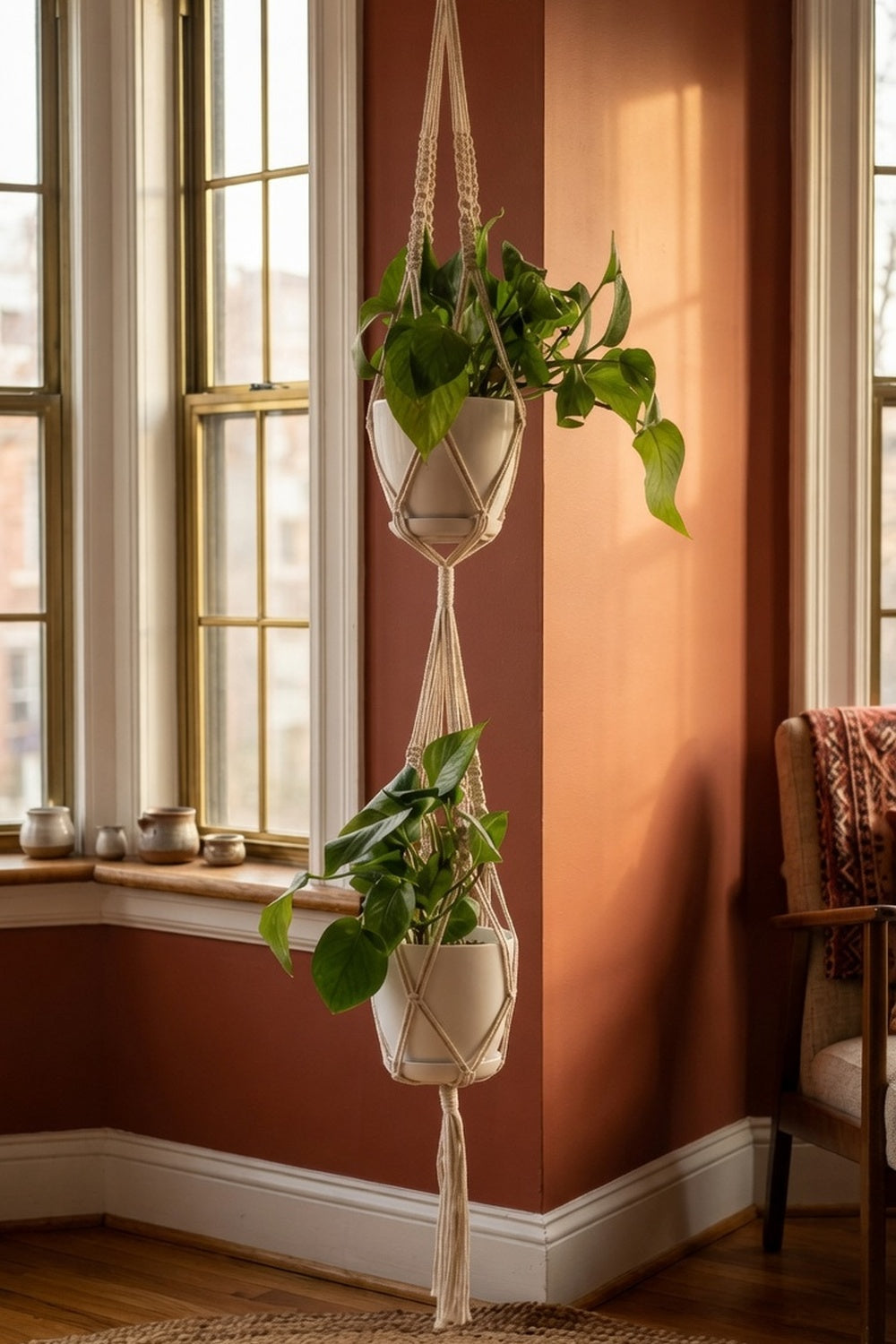 Multi tier macrame plant hanger with two cradles near window in warm terracotta room