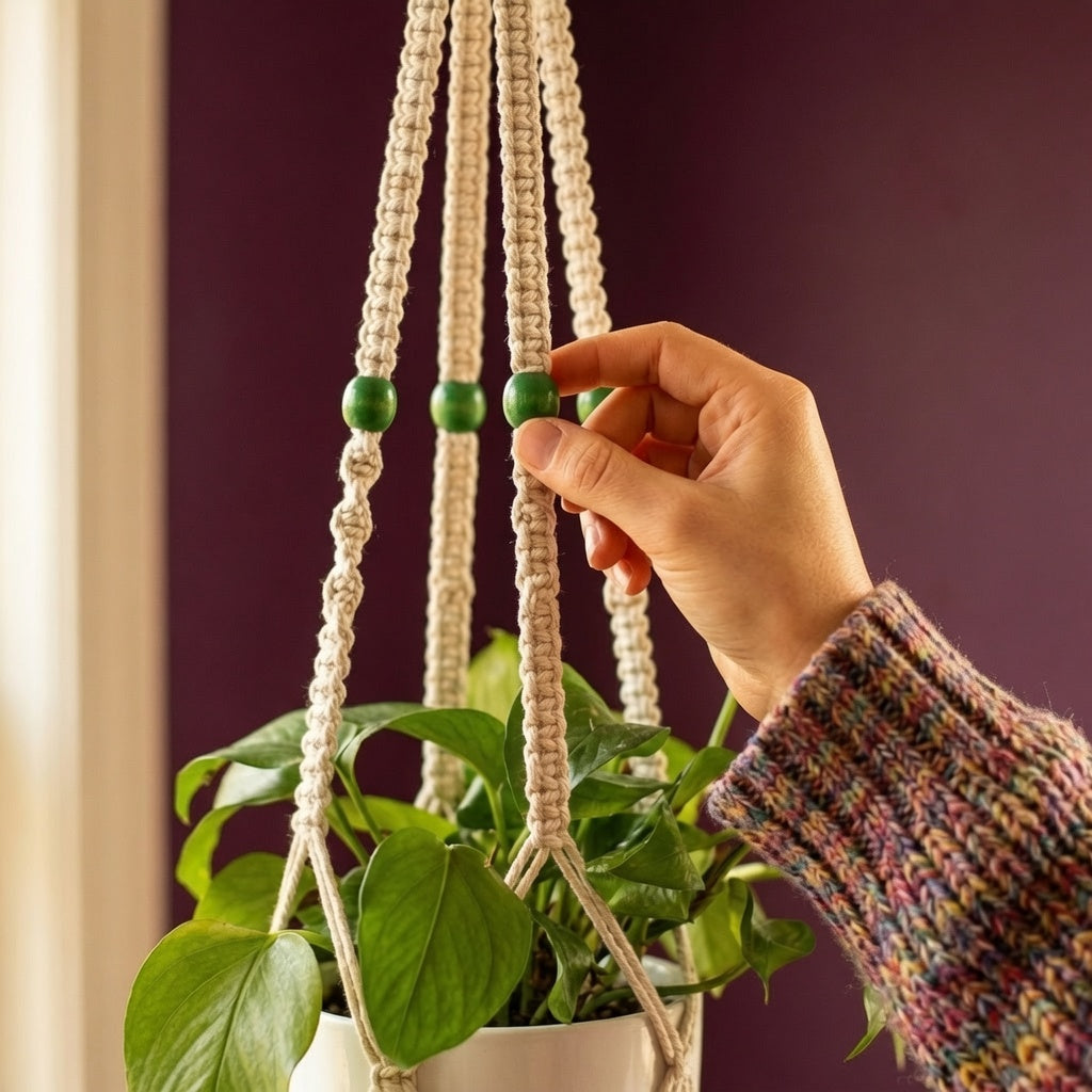 Hand touching green bead accents on macrame plant hanger against deep burgundy wall
