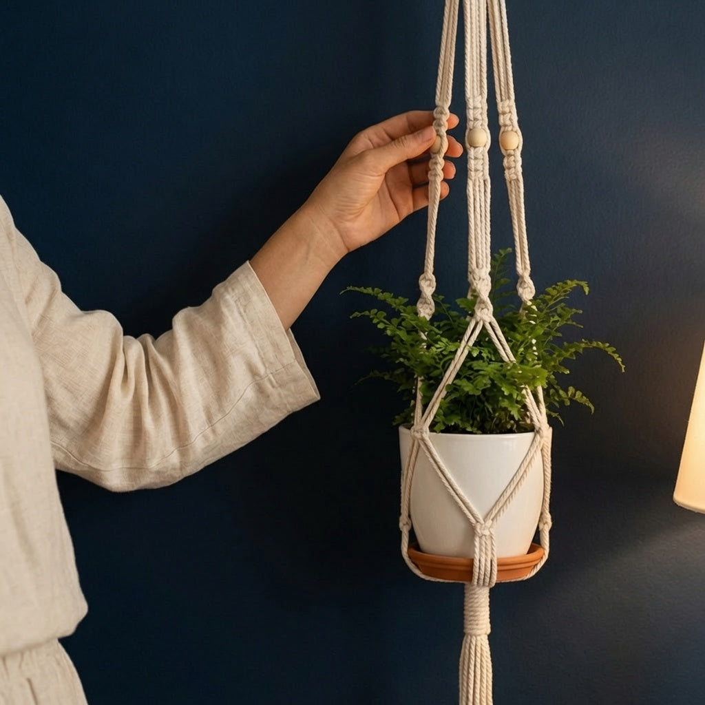 Hand holding macrame ring plant hanger crown weave with bead accents against dark navy blue wall