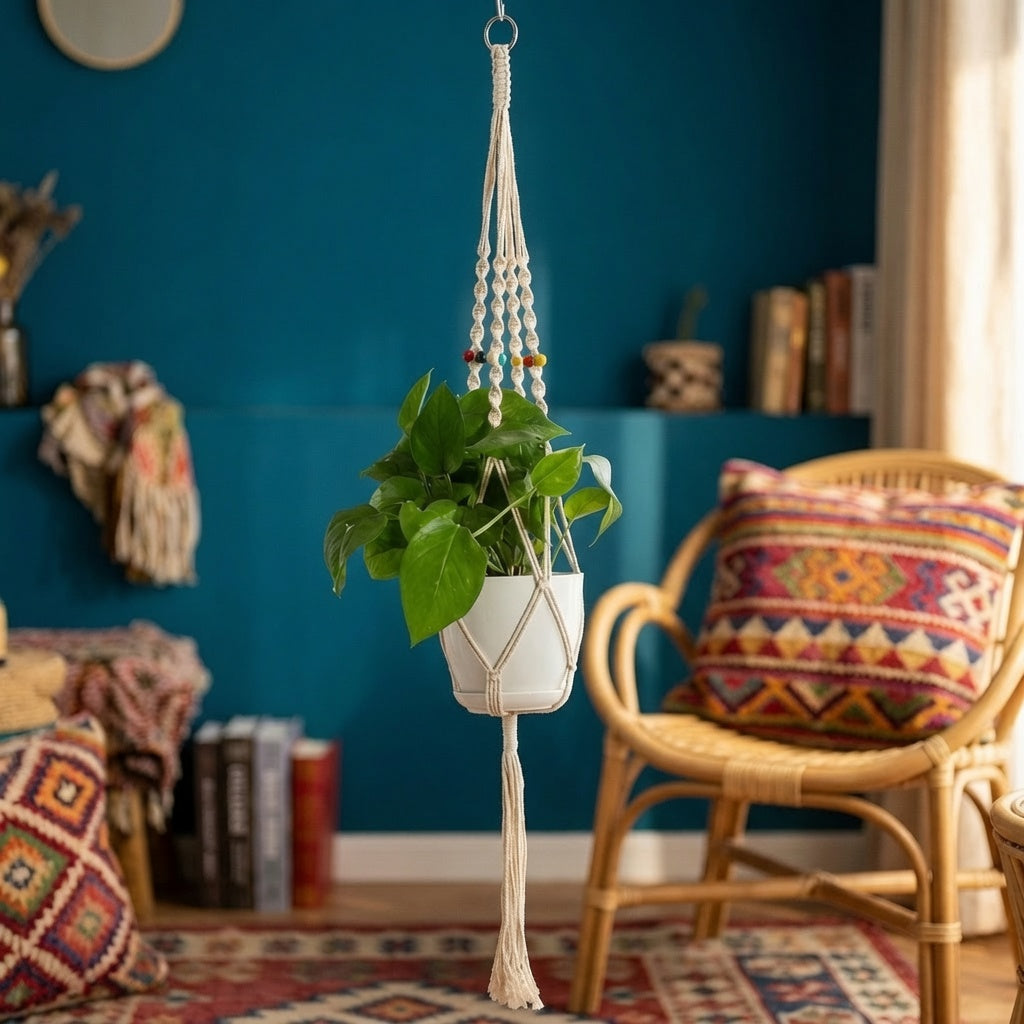 Net basket macrame plant hanger in vibrant boho living room, teal wall, rattan chair, indoor plant decor