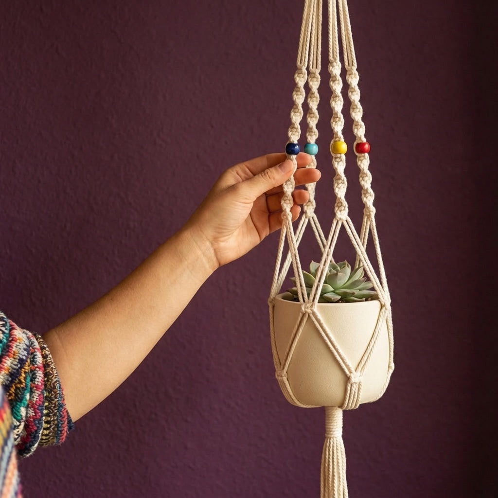 Hand touching colorful bead accents on macrame plant hanger net basket cradle, deep purple wall decor