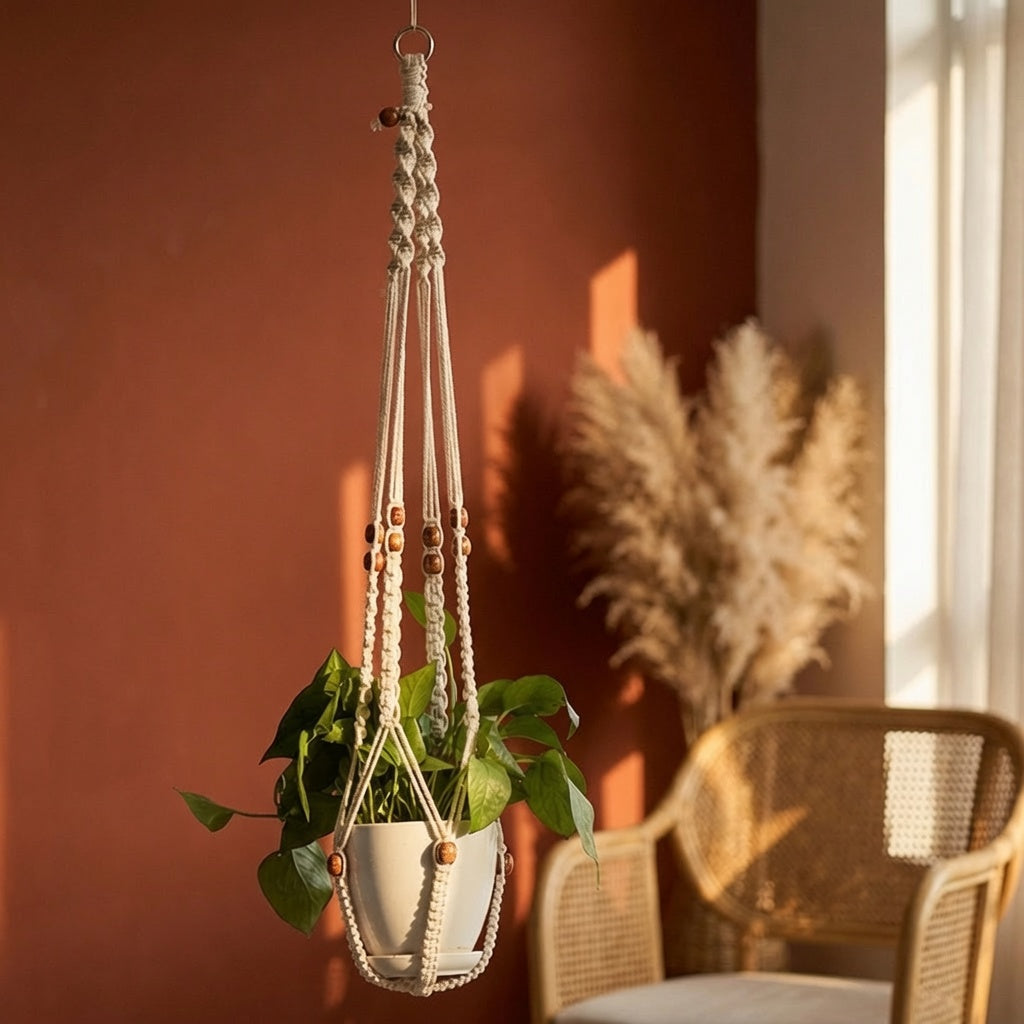 Classic macrame plant hanger with wooden beads in warm bohemian living room, terracotta wall, rattan chair