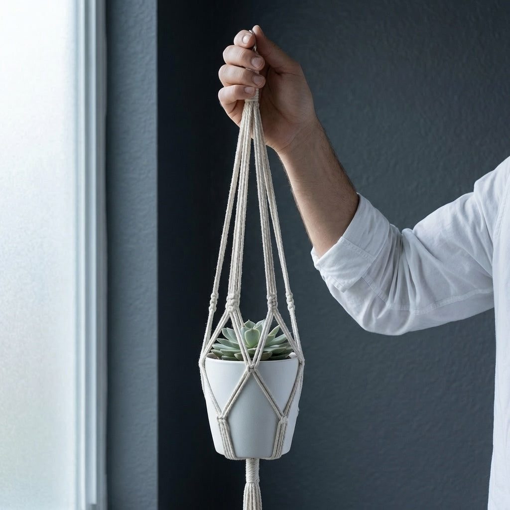 Hand holding macrame plant hanger with net basket cradle against slate blue door, hanging planter