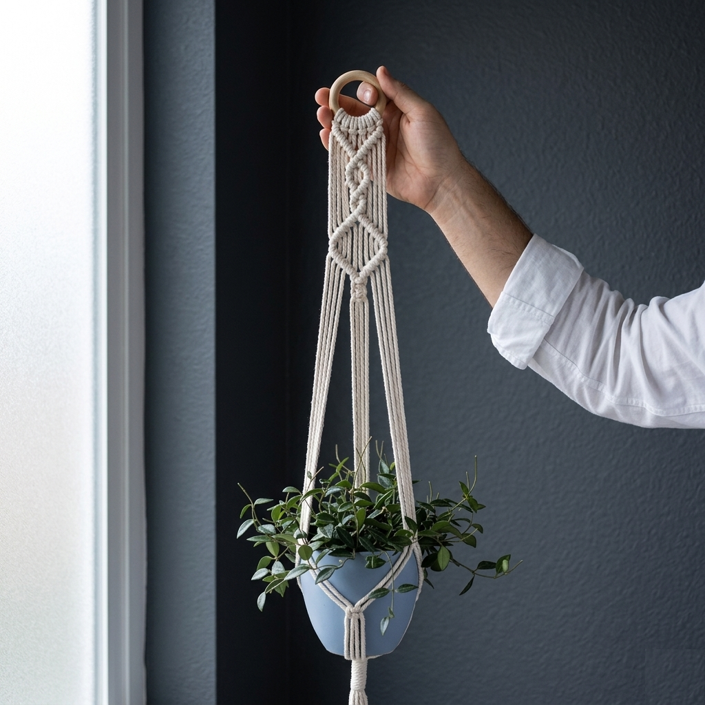 Hand holding wooden ring plant hanger crown weave against dark charcoal wall, boho ring hanger detail
