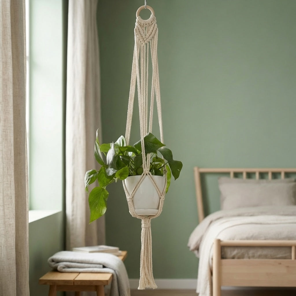 Chevron weave macrame plant hanger with wooden ring near window in sage green bedroom