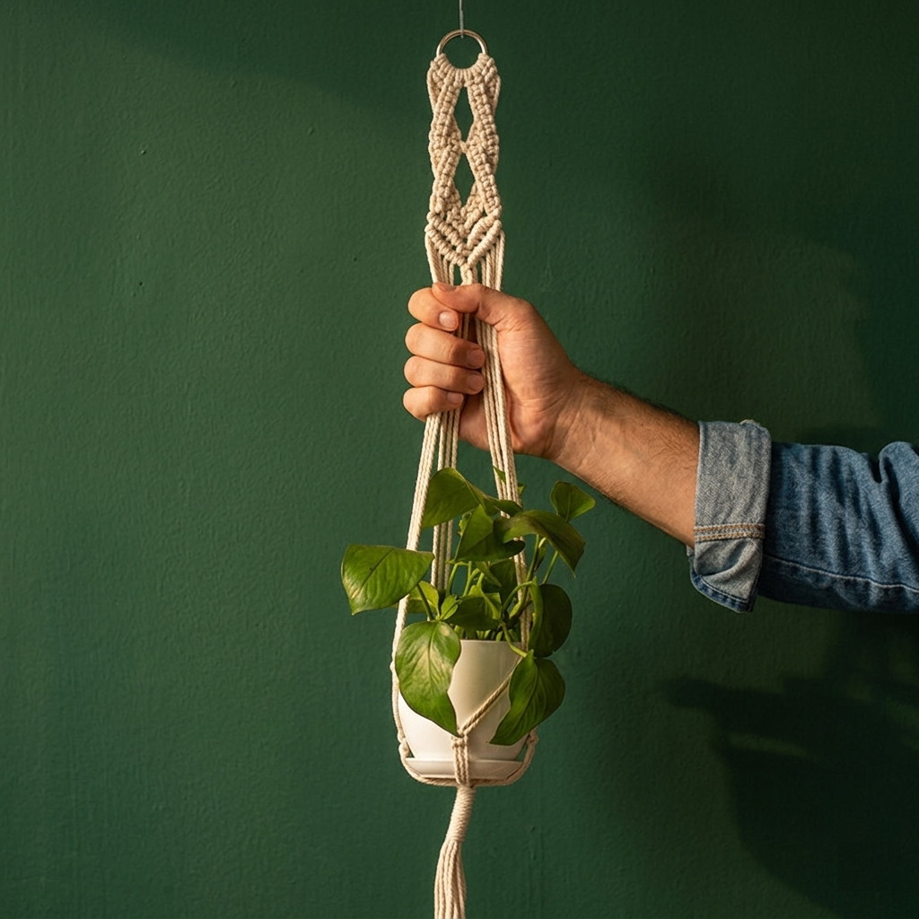 Hand holding macrame ring plant hanger dense diamond weave pattern against deep forest green wall