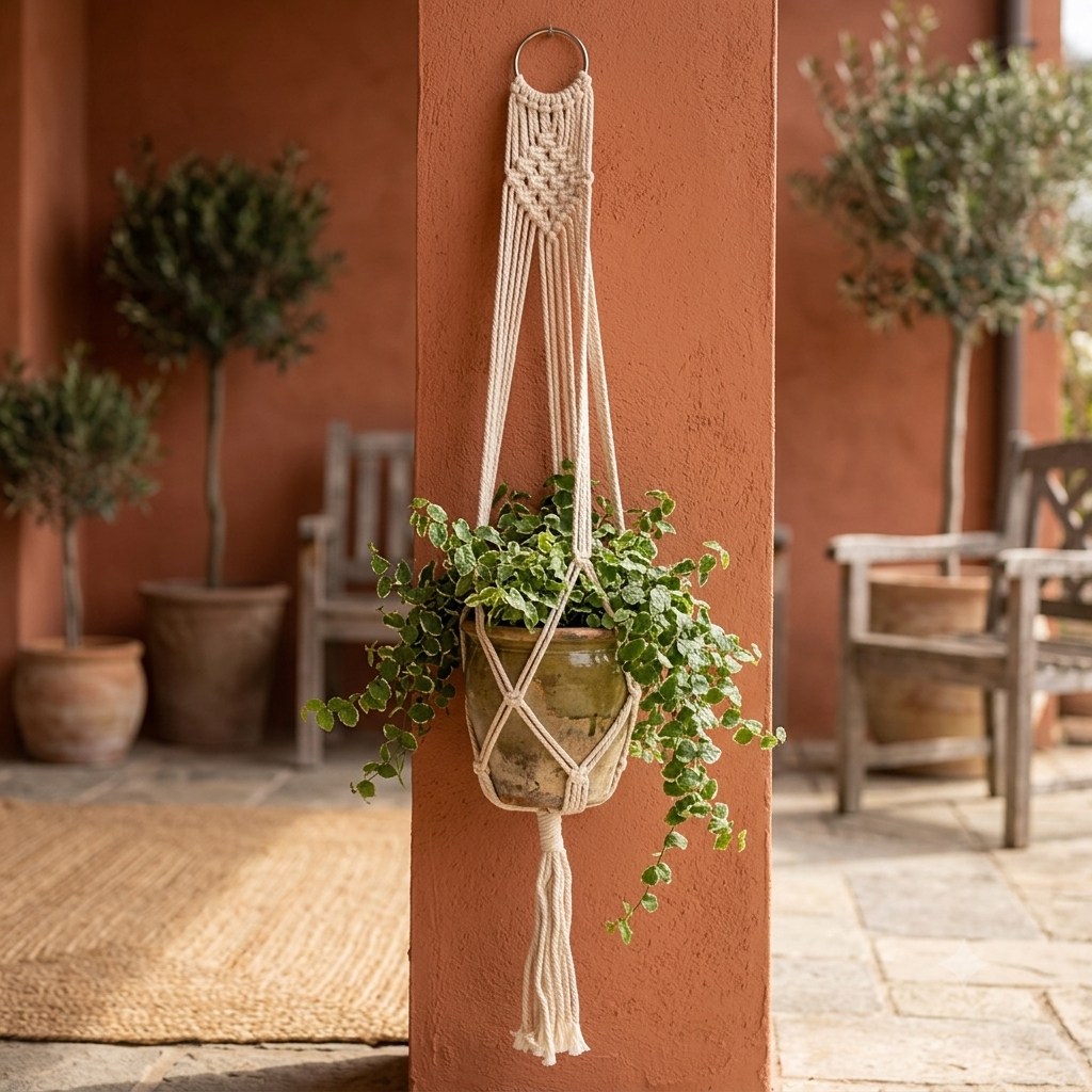 Simple panel macrame plant hanger with metal ring near terracotta archway, boho decor