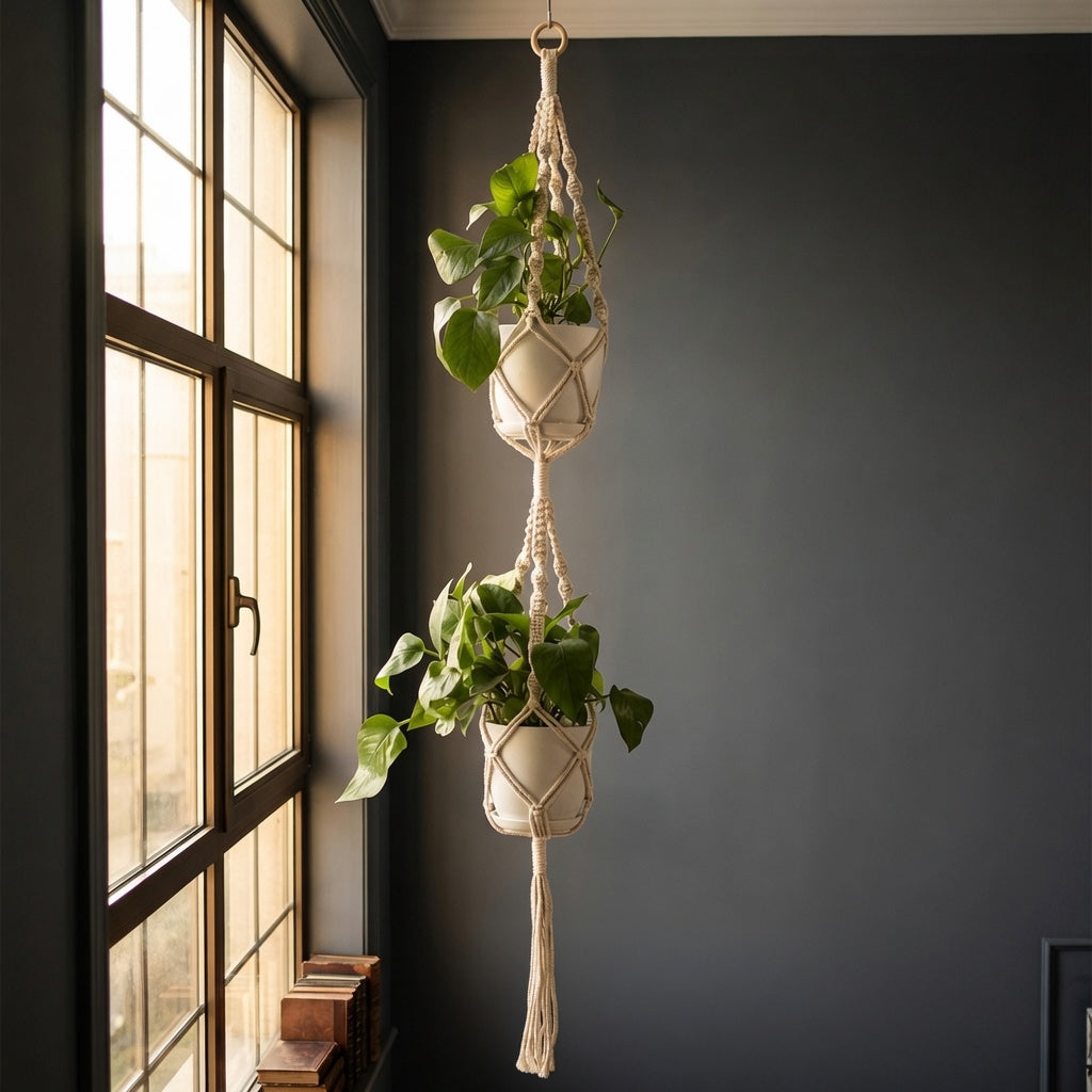 Knot bead tiered macrame plant hanger with two cradles near window on charcoal wall