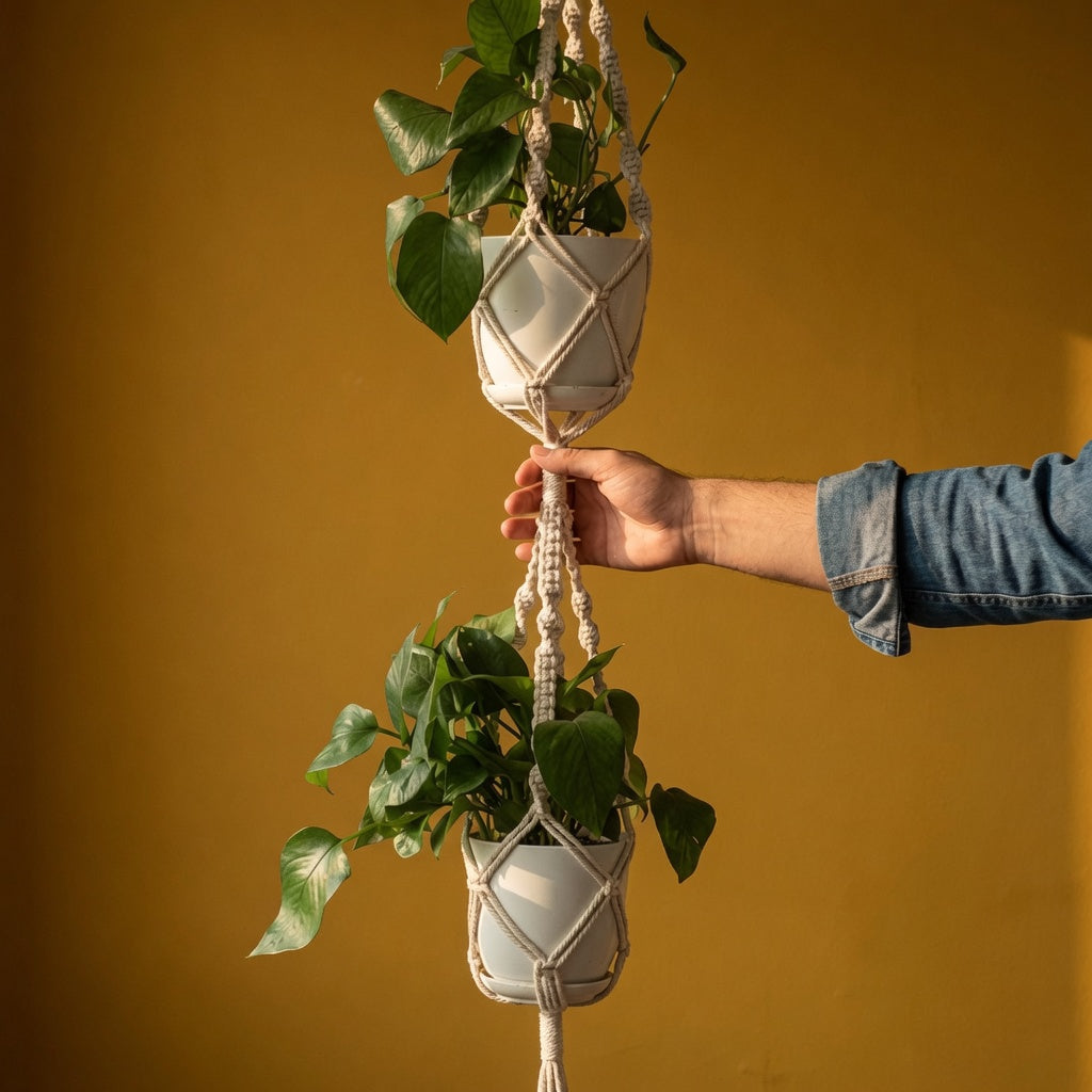 Hand holding knot bead tiered macrame plant hanger against warm mustard yellow wall