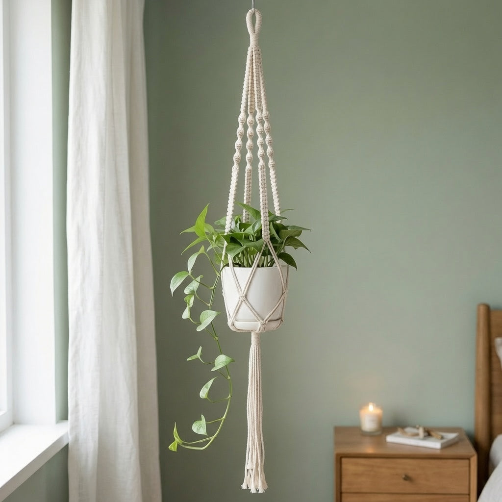 Classic knotted macrame plant hanger with knot-bead texture on sage green wall, Scandinavian bedroom decor