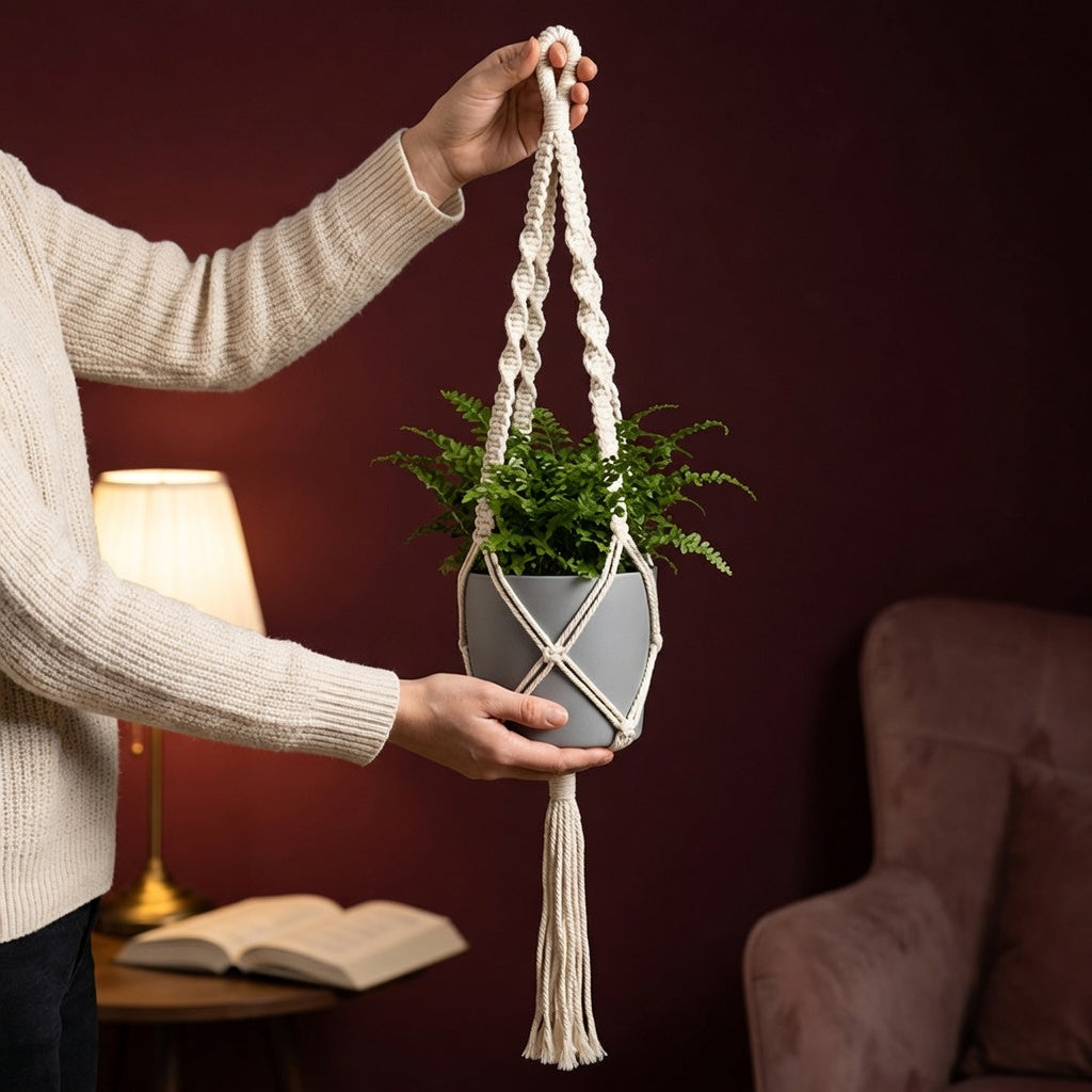 Hand holding classic macrame plant hanger with potted plant against dark burgundy wall, cozy reading nook