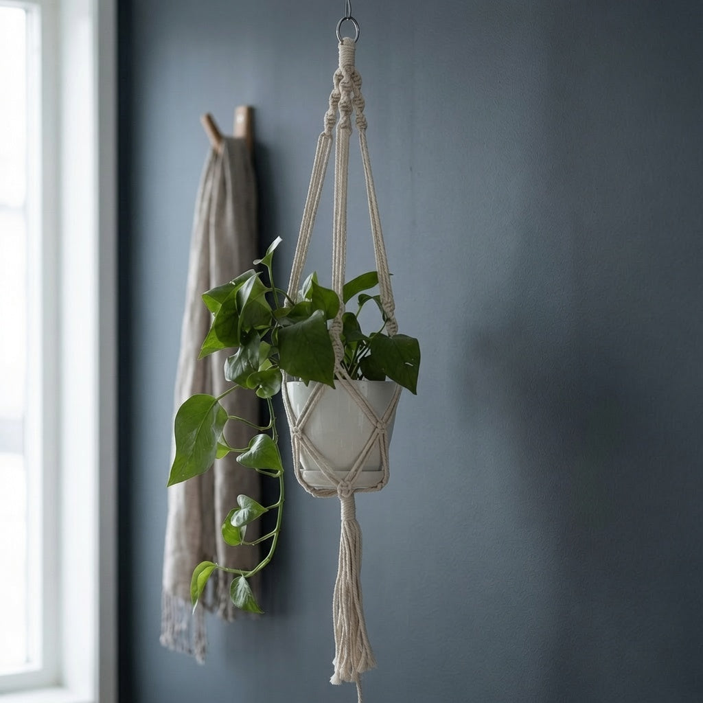 Two net basket macrame plant hangers with tassel fringe on slate blue wall, boho hanging planter