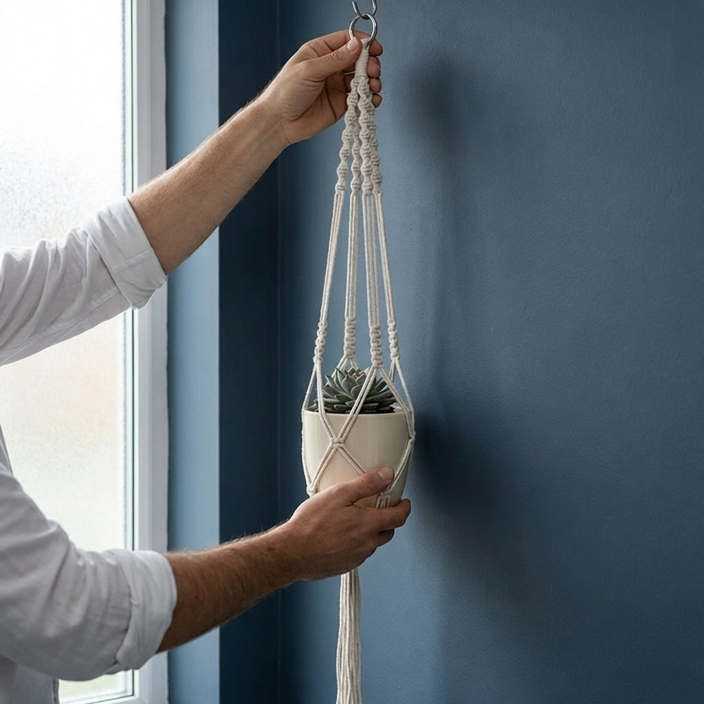 Hand hanging classic macrame plant hanger on slate blue wall near window, simple indoor plant decor installation