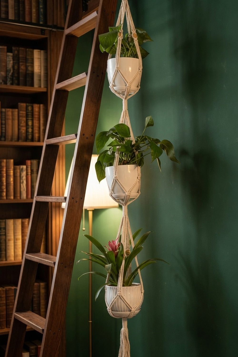 Three pot macrame plant hanger beside library ladder against forest green wall
