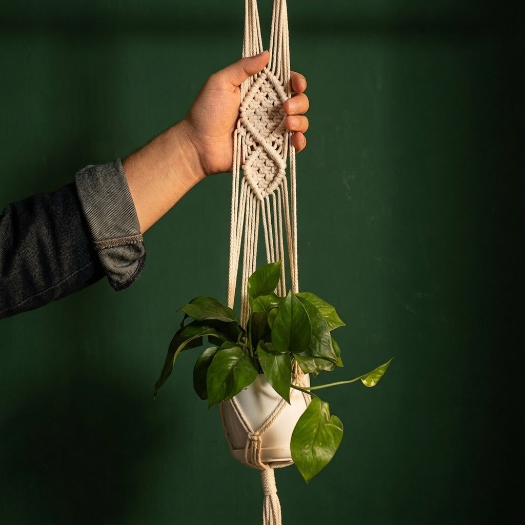 Hand holding lace flower medallion weave of macrame plant hanger against forest green background