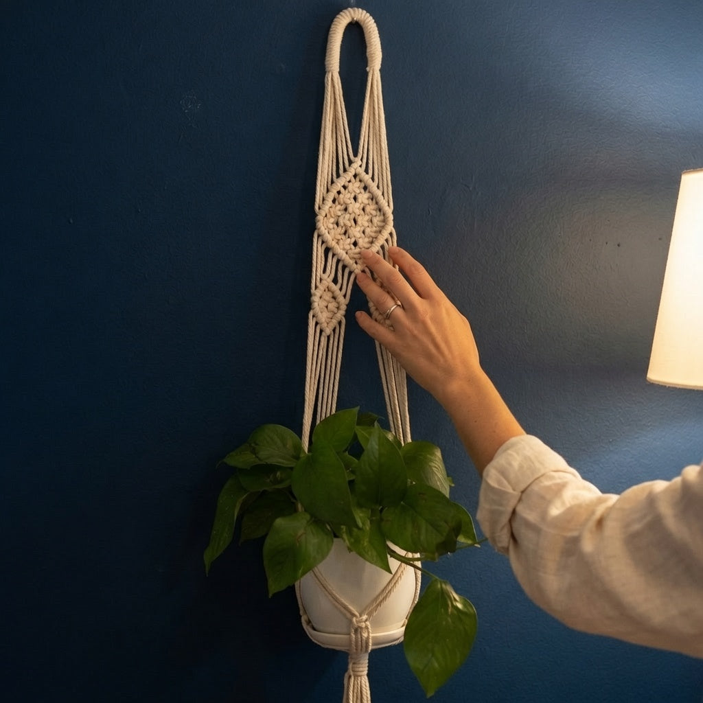Hand touching lace flower medallion weave on macrame plant hanger against dark navy blue wall