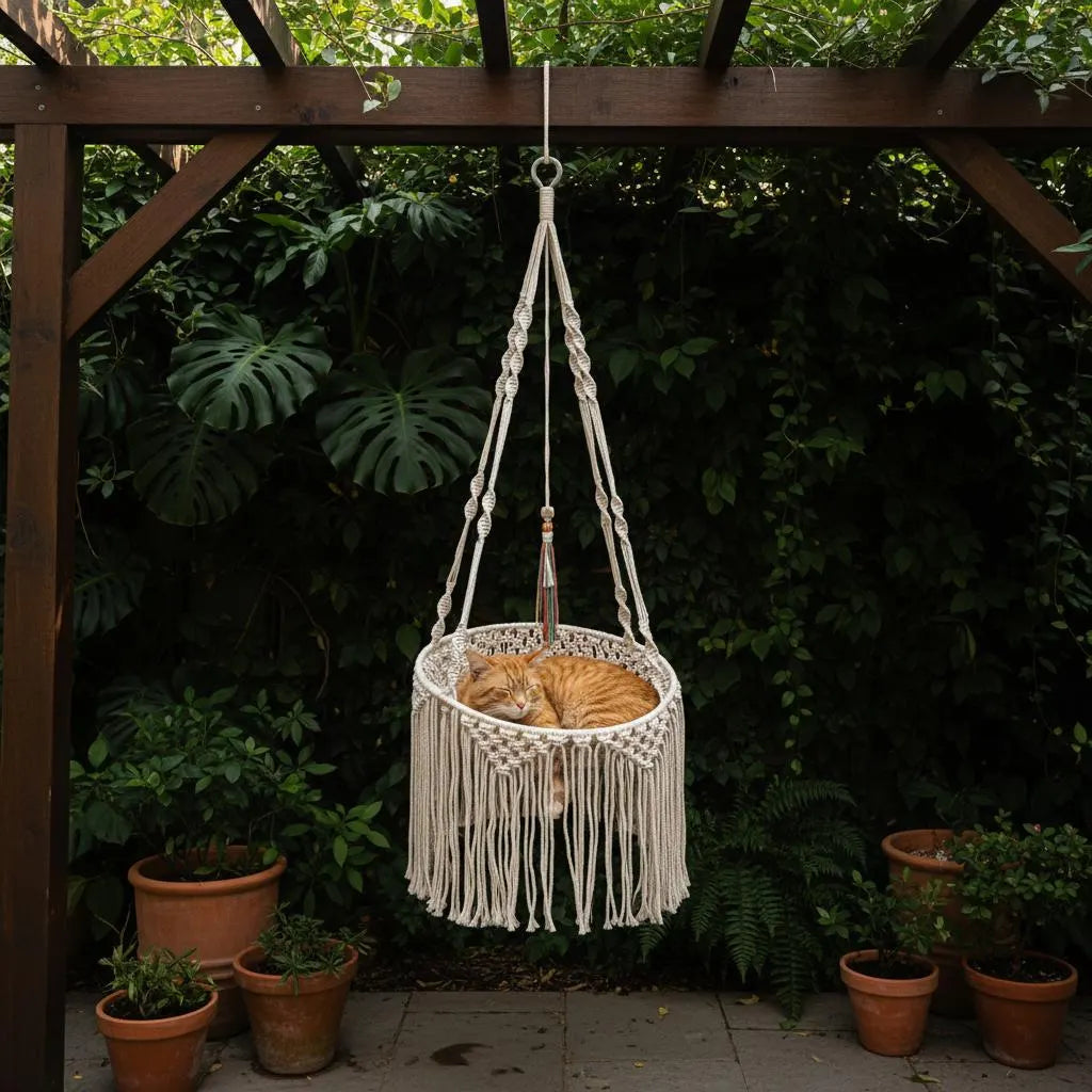 Macrame Cat Bed Hanging Hammock, Boho Cat Nest Cotton Basket, Fringe Pet Swing Gift