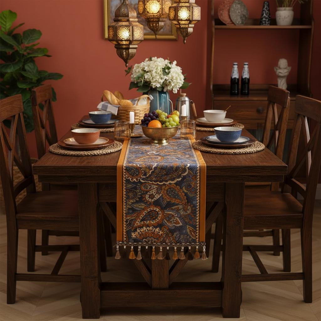 Boho Paisley Table Runner with Tassels | Farmhouse Vintage Fringe Runner | Wedding Holiday Decor