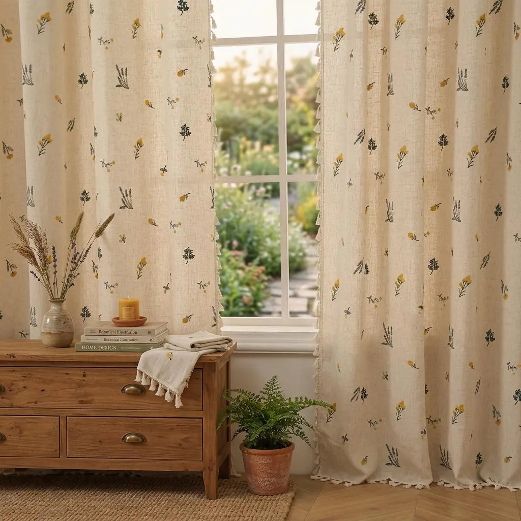 Boho Embroidered Linen Curtain Daisy Floral Farmhouse Rod Pocket Window Drape