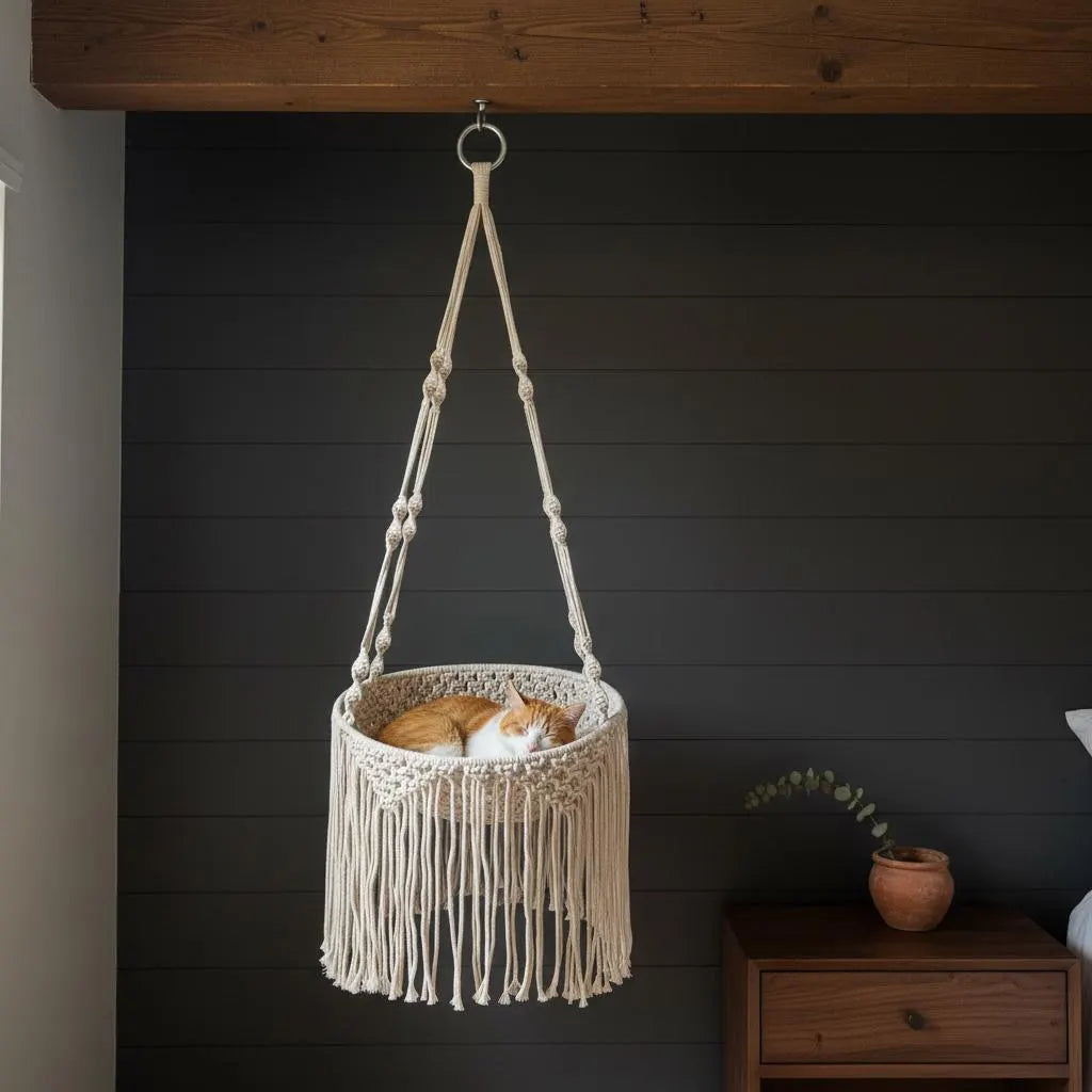 Macrame Cat Bed Hanging Hammock, Boho Cat Nest Cotton Basket, Fringe Pet Swing Gift