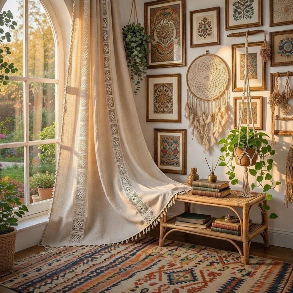 Crochet Lace Curtains Handmade Boho Tassel Trim Semi Blackout Window Treatment Farmhouse