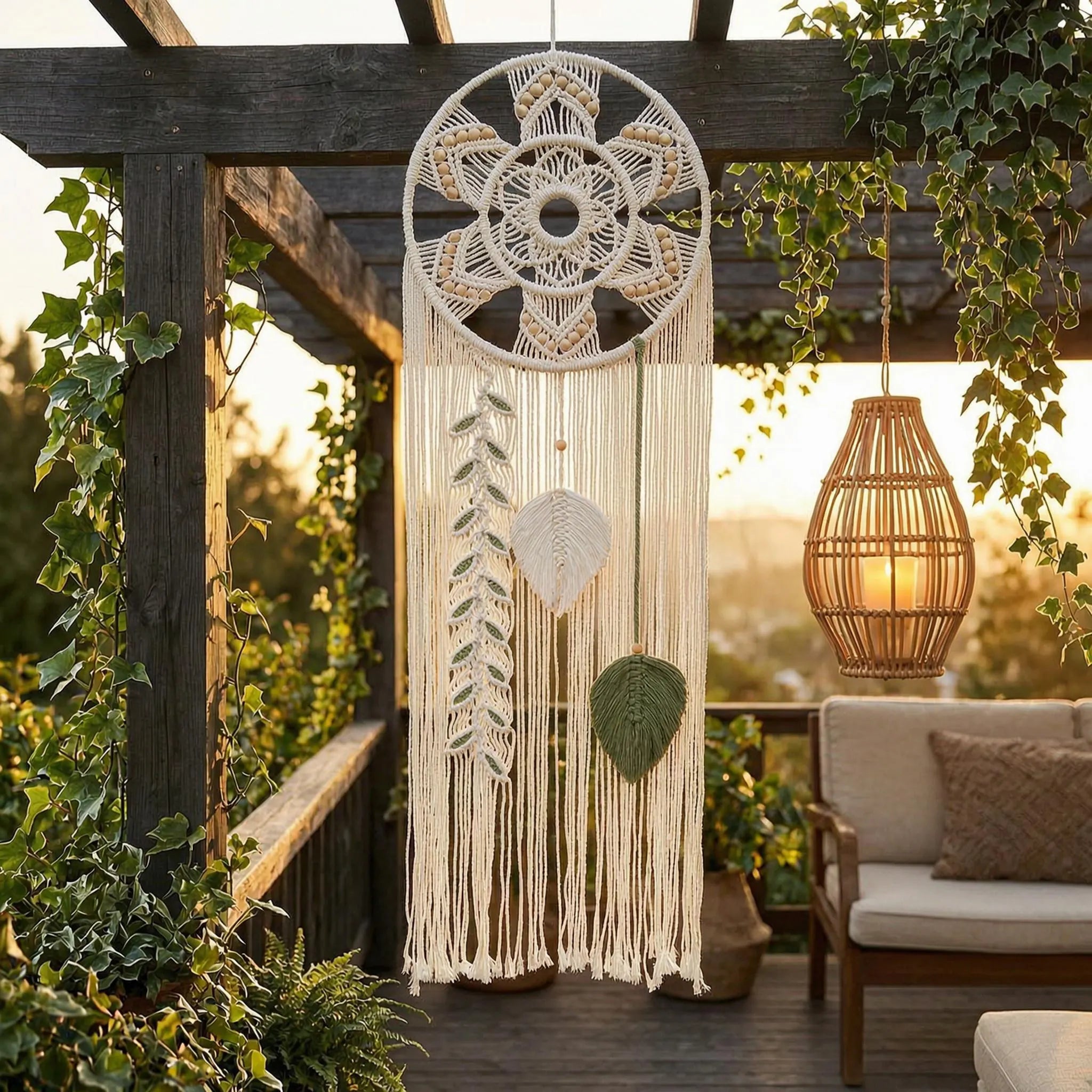 Macrame Wall Hanging Dream Catcher | Mandala Boho Wall Decor Wood Beads Green Leaf Fringe