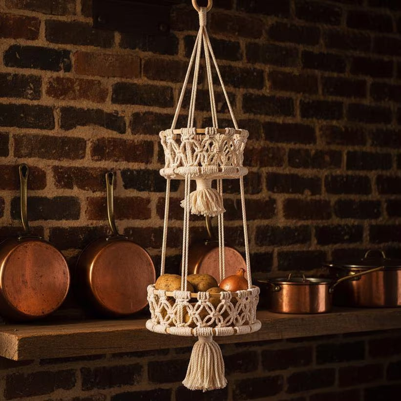Macrame Tiered Fruit Hammock | Boho Kitchen Storage | Handmade Veggie Organizer 1 2 3 Tier