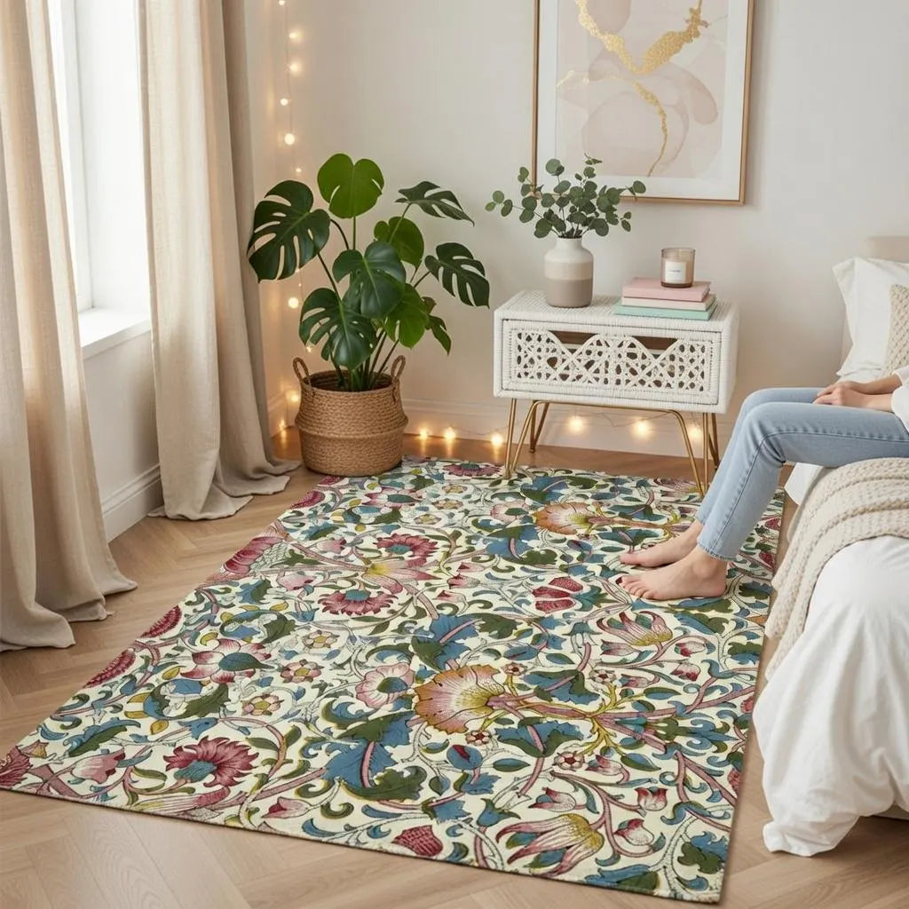 Red William Morris floral area rug placed in a living room beside a console table with plants and framed art