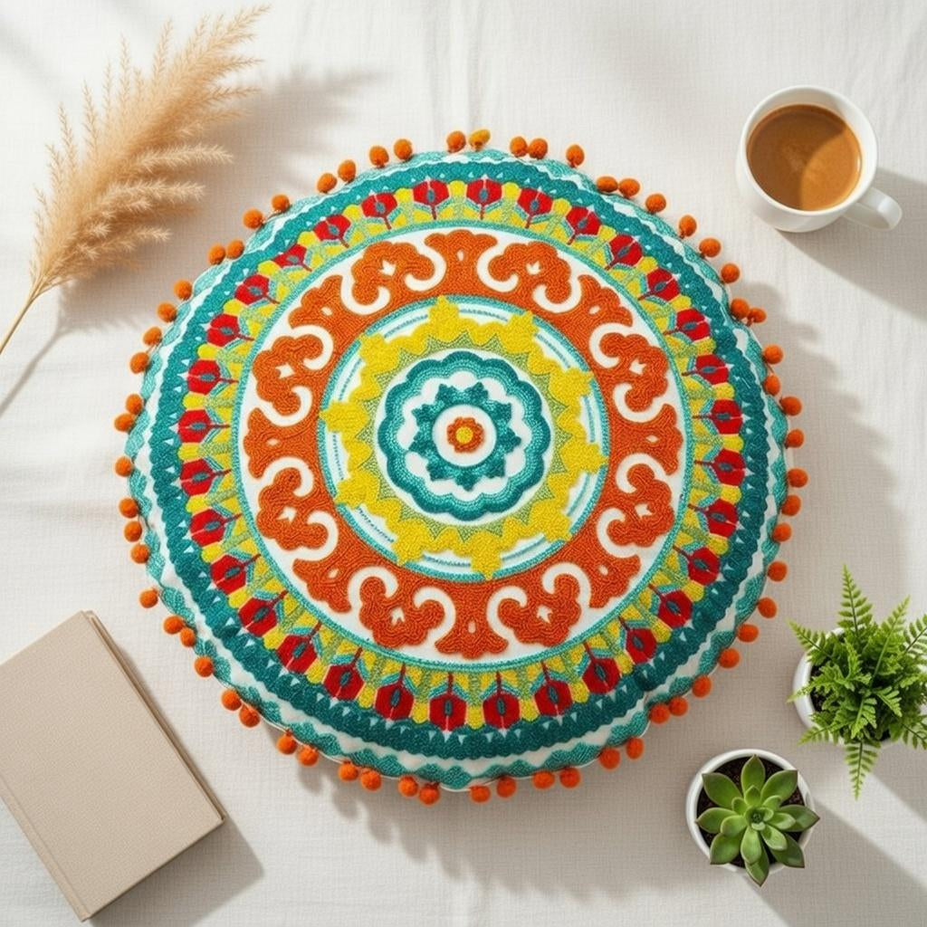 Mandala round Pillow Cover 18" Embroidered Cotton Cushion Boho Ethnic Home Decor
