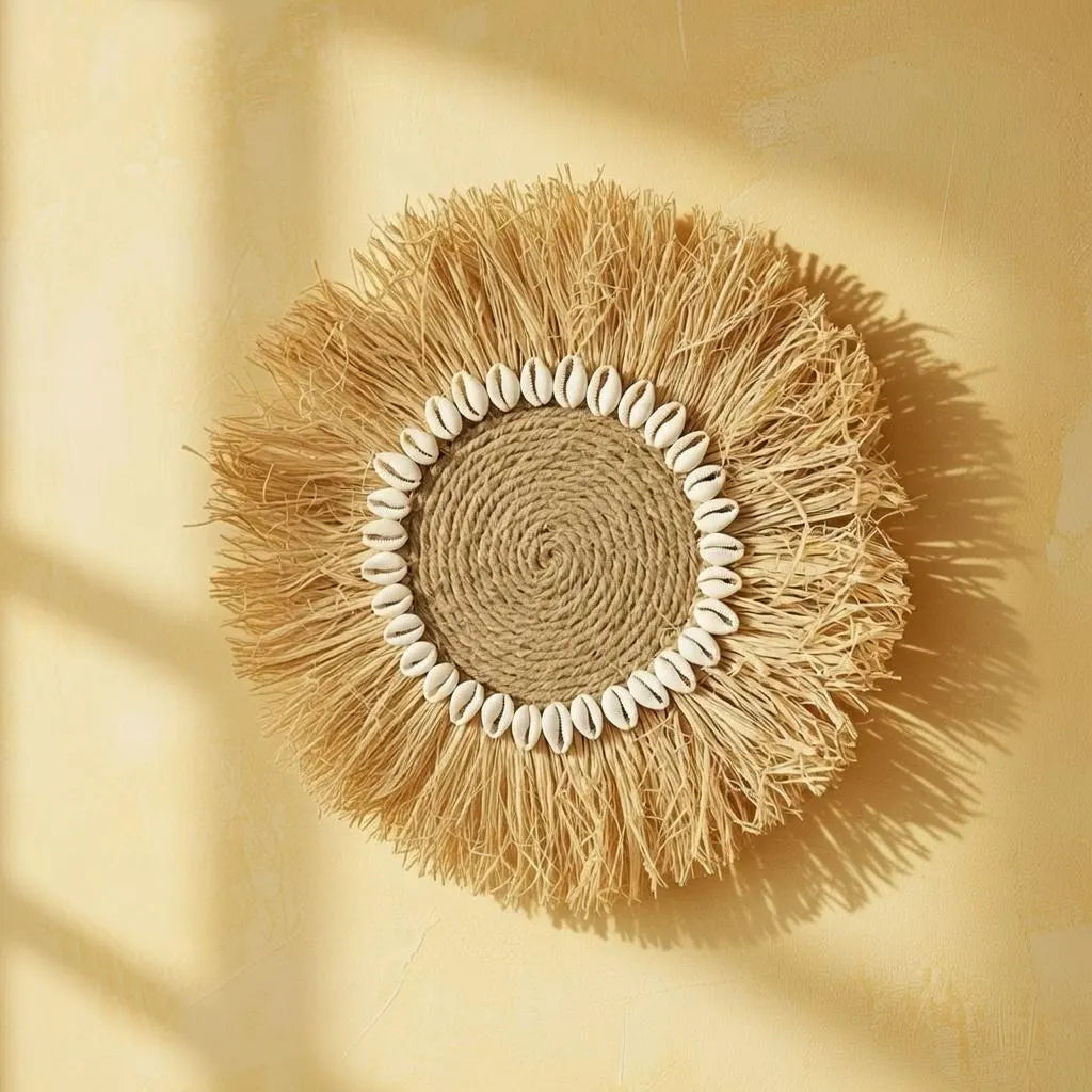 Handmade Raffia Hanging with Cowrie Shells | Boho round Straw Art | Beach House Gift