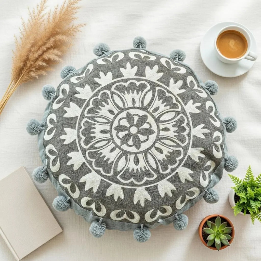 Mandala round Pillow Cover 18" Embroidered Cotton Cushion Boho Ethnic Home Decor