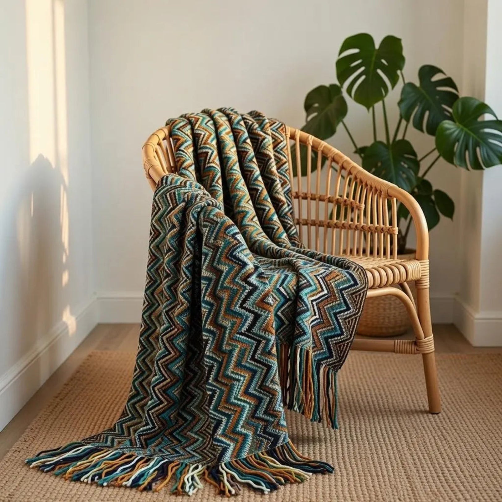 Teal zigzag woven blanket on rattan chair surrounded by indoor plants